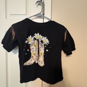 Black T-Shirt with Floral Boot Design